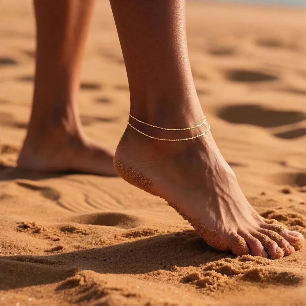 Gold Anklet Duo Yellow Gold Plated 8.5+2.5in Link Chain Summer Beach Jewelry - Picture 9 of 9